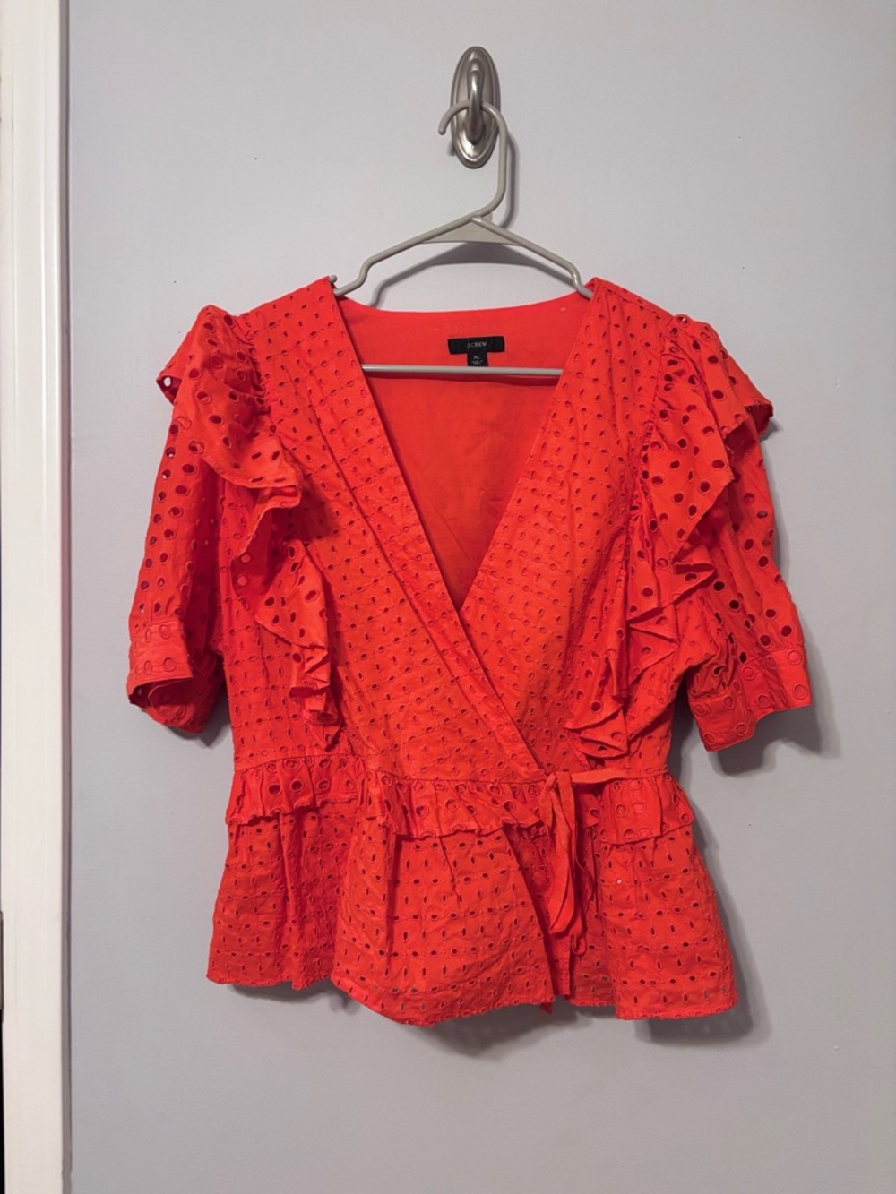 J. Crew Red Eyelet Wrap Peplum Blouse with Ruffles
